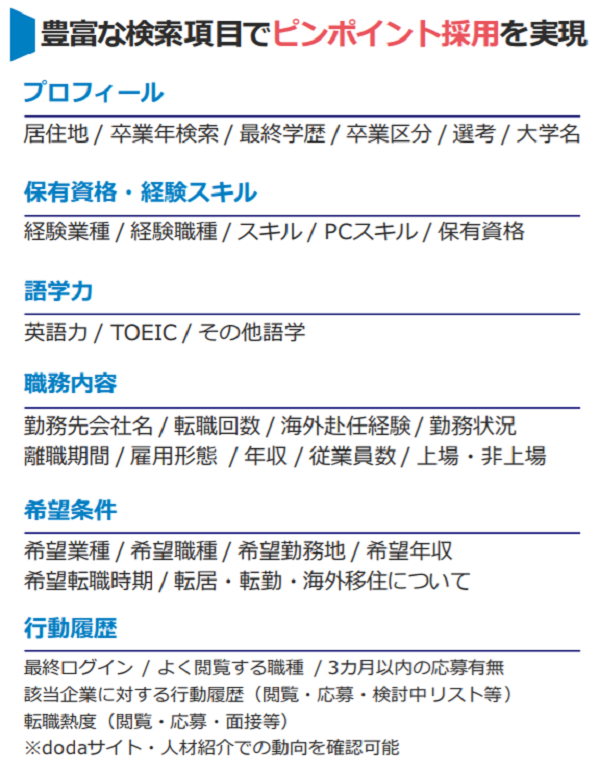 doda Recruitersの登録者の絞り込み項目