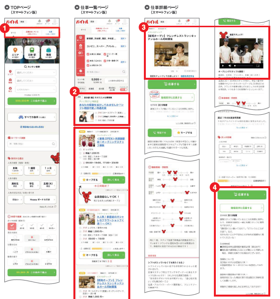 バイトルの機能の紹介（TOPページ、仕事一覧ページ、仕事詳細ページのスマホ画面）