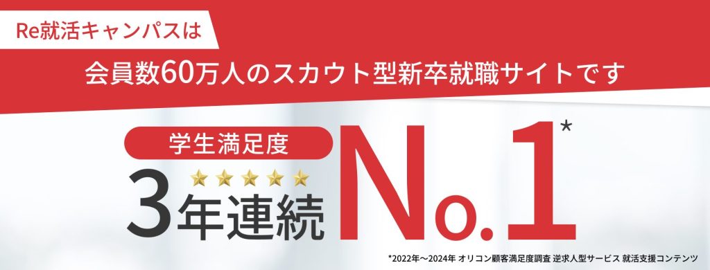 Re就活キャンパスは会員数60万人のスカウト型新卒就職サイトです