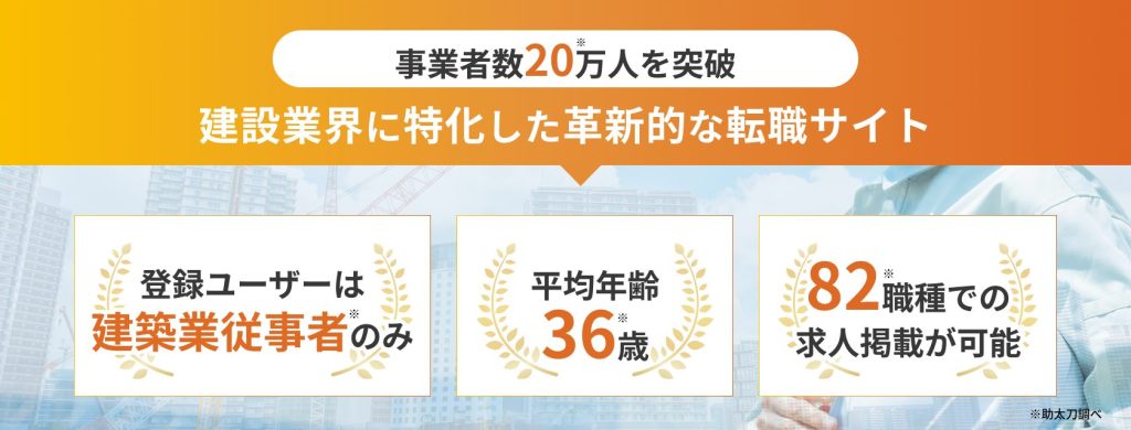 助太刀
事業者数20万人を突破
建築業界に特化した革新的な転職サイト