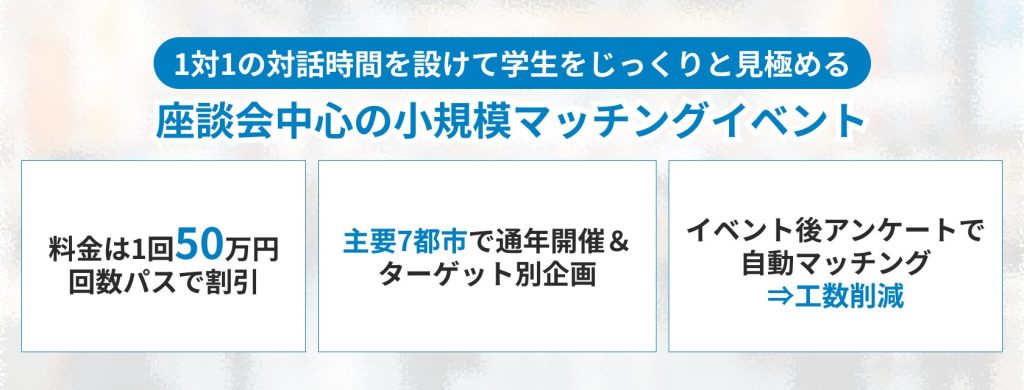 MeetsCompany（ミーツカンパニー）
1対1の対話時間を設けて学生をじっくりと見極める
座談会中心の小規模マッチングイベント